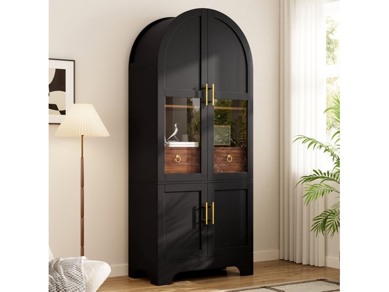  Buffet haut 76x40x180 cm avec 4 portes et 1 tiroir, led, mdf et panneau de particules, couleur noir, design rétro  - Conforama B