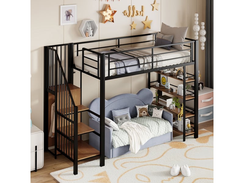  Lit mezzanine 90x200, structure métal robuste, échelle sécurisée, rangement intégré  - Conforama B