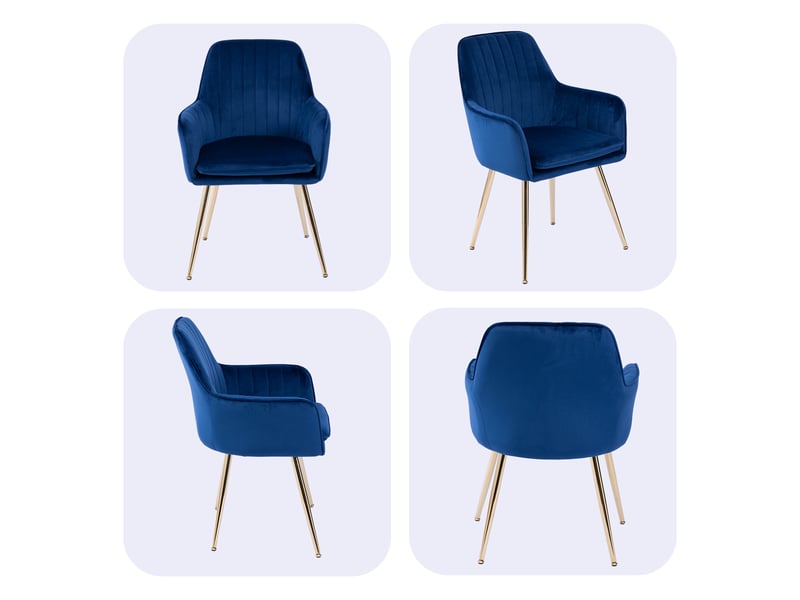  Chaise de salle à manger lot 2 en tissu moderne accoudoirs pieds métal doré luxe salon cuisine salle réception bleu  - Conforama E