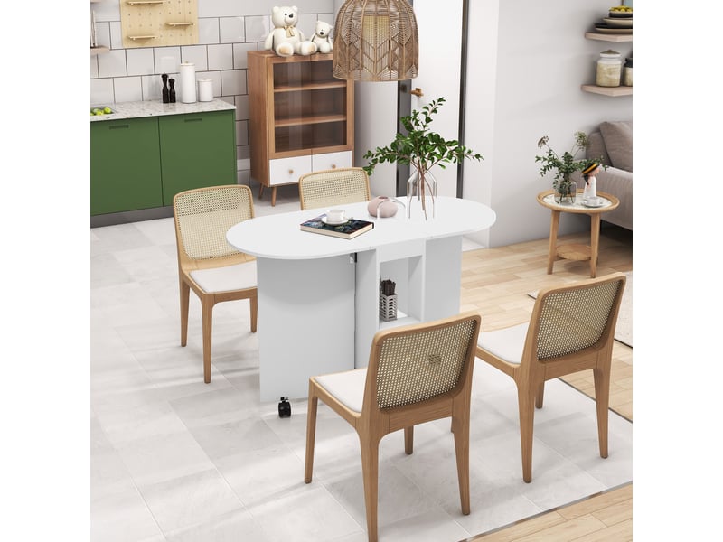  Table de salle à manger pliante à roulettes, table de cuisine avec rallonges rabattables et 2 étagères ouvertes, 120 x 60 x 77 cm, blanche  - Conforama C