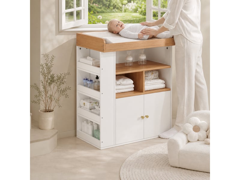  Table à langer bébé 2 en 1 avec rangements mdf bois et blanc 82x50x100 cm  - Conforama D
