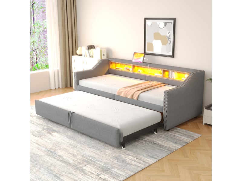  Modenvie canapé-lit gigogne 90180x200 cm - led, usb et rangements latéraux - avec 2 matelas - gris  - Conforama D