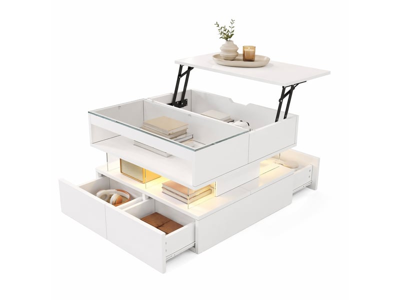  Table basse relevable avec 2 tiroirs et niches de rangement, led 16 couleurs, pour salon moderne, 70 × 67 × 57 cm  - Conforama A