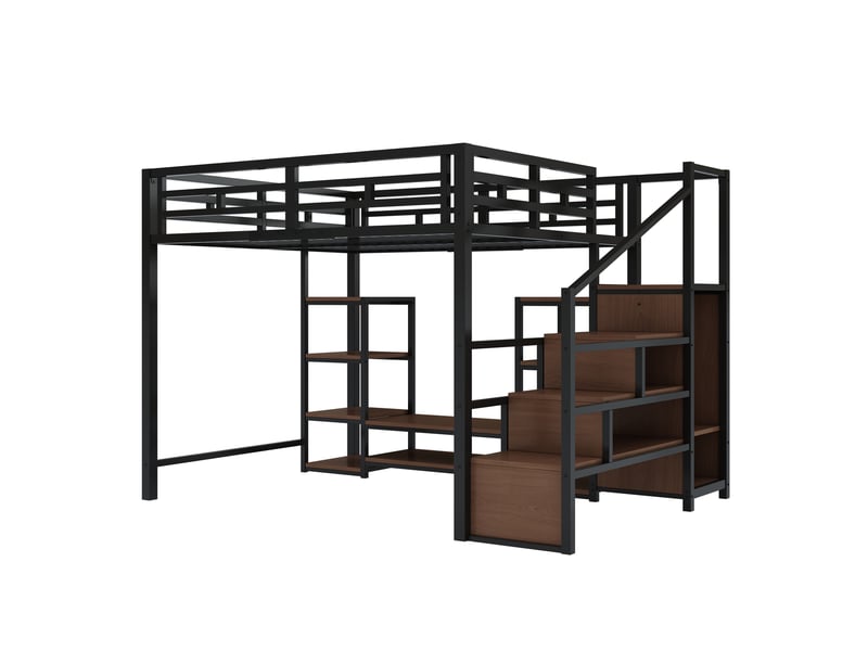  Lit mezzanine 140x200 cm avec support tv, prise électrique et échelle de sécurité, structure métal et bois, lit superposé noir avec rangement pratique  - Conforama A