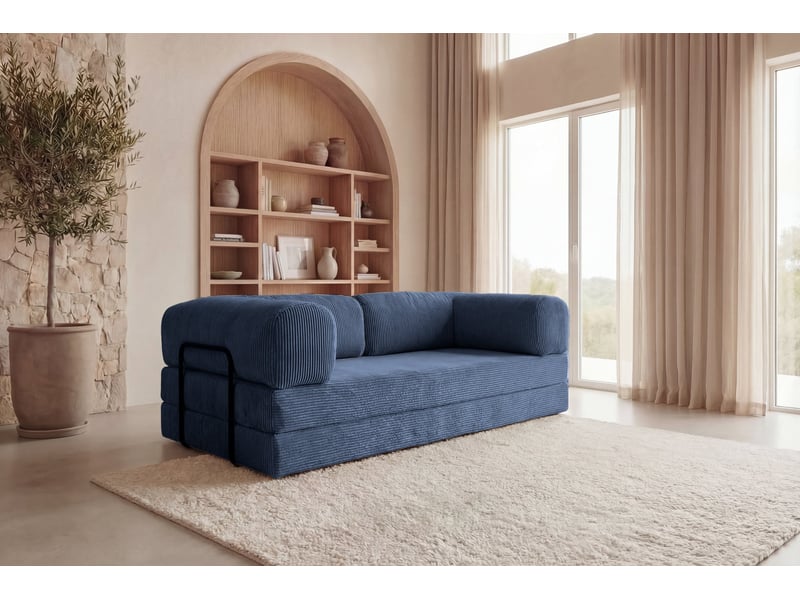 Cosima - canapé droit convertible petit velours côtelé 3 places bleu foncé - Conforama B
