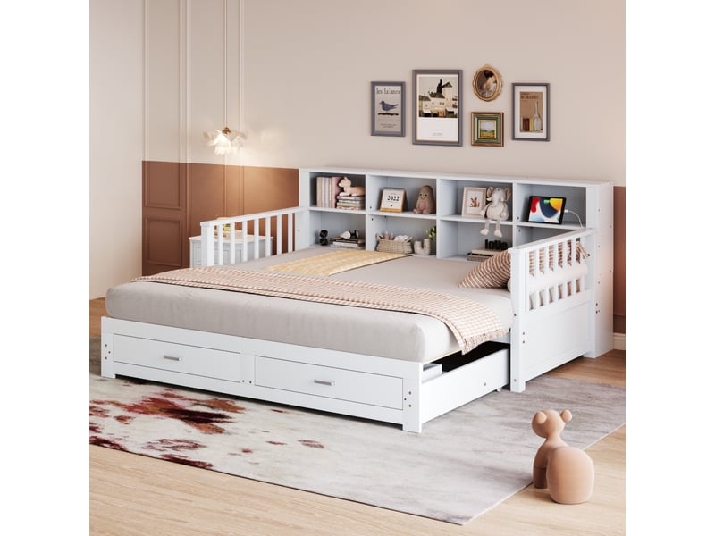 Canapé-lit extensible 90/180x190 cm avec rangements, prise et 2 tiroirs, pin blanc, sans matelas - Conforama E