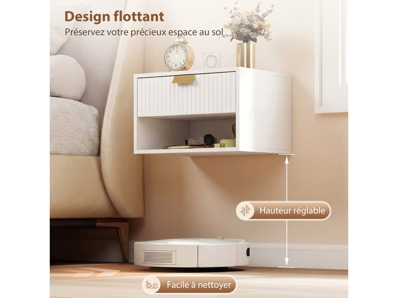  Lot de 2 tables de chevet suspendues 40 x 30 x 25 cm tiroir et étagère moderne épuré en panneau de particules blanc 21_0003782  - Conforama C