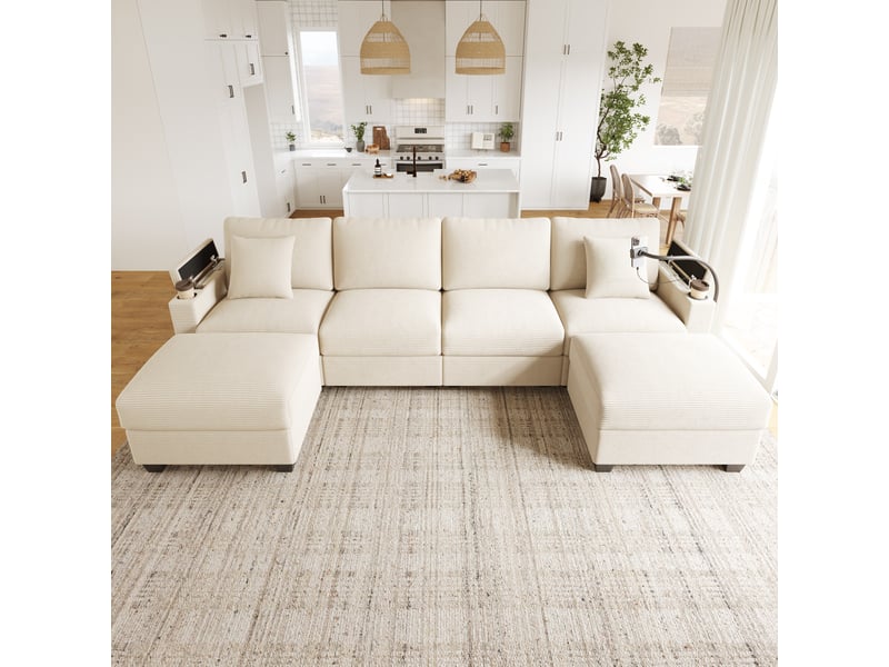  Canapé modulable u, canapé grand salon, 275,5x139x87 cm, 6 personnes, velours côtelé, structure bois massif et métal, équipé de port usb, support téléphone, porte-gobelet, coffre de rangement, housses déhoussables, beige  - Conforama C