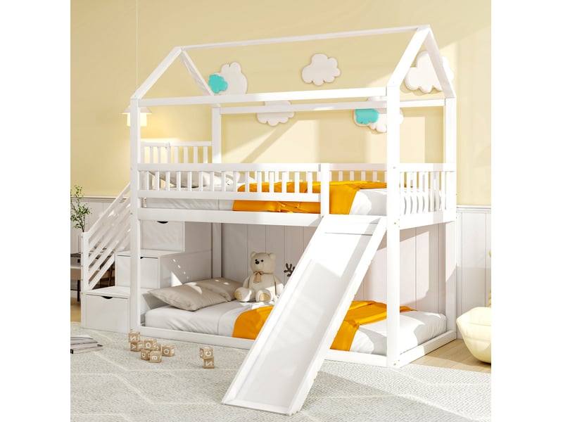  Lit mezzanine, 90x200 cm, lit en hauteur, avec toboggan, escalier de rangement, matelas non inclus, bois, coloris blanc  - Conforama E
