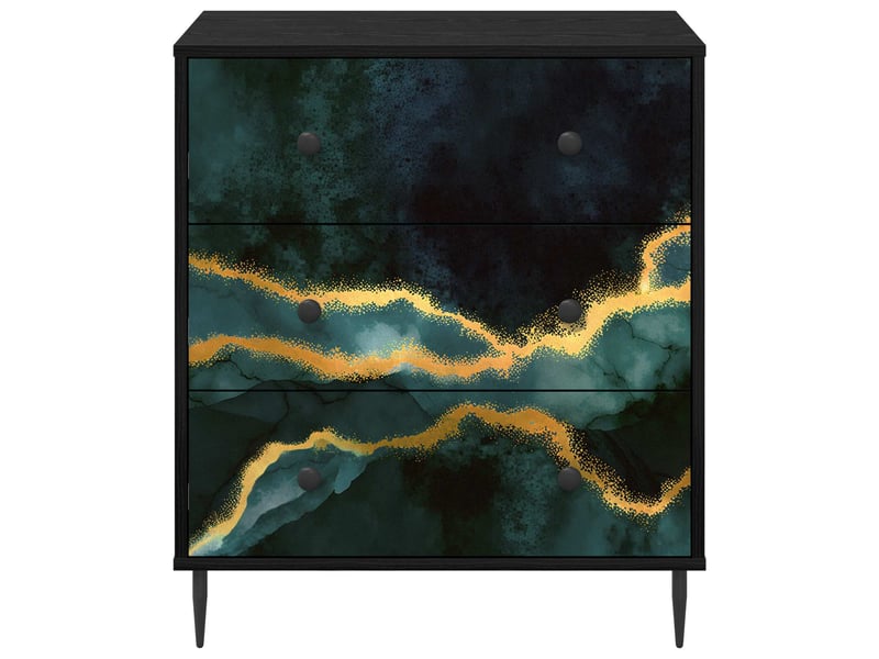  Commode chambre, meuble de rangement wijhe imprimé marbre teal 66x36,5x76 cm chêne noir  - Conforama D