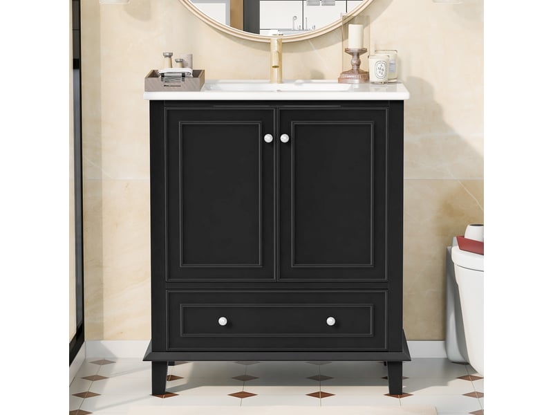  Meuble sous vasque avec 2 portes, 1 tiroir et étagère réglable, vasque en céramique pour salle de bain, 73×45×87 cm  - Conforama C