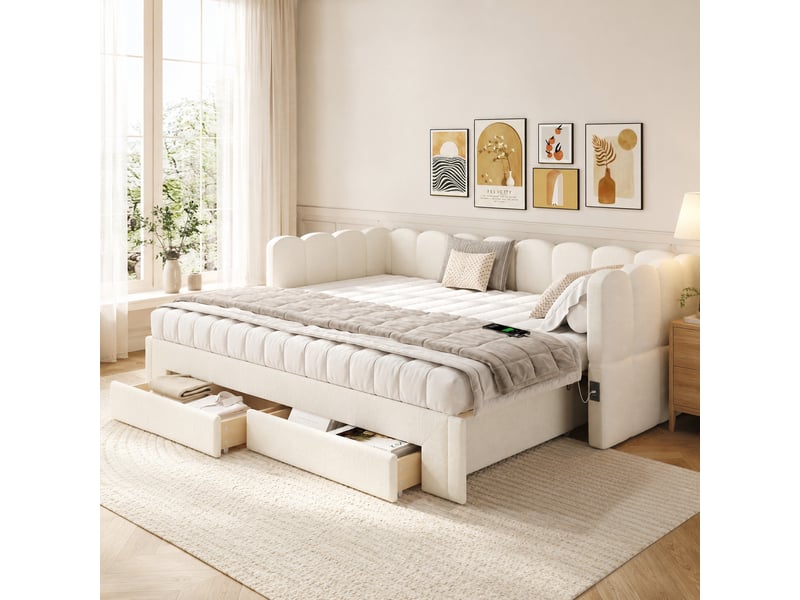  Lit rembourré 90x200 cm, canapé-lit extensible 90180x200cm avec 2 tiroirs, ports usb &amp; type-c, lin beige  - Conforama D