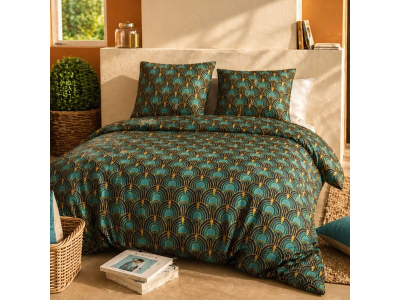  Parure housse de couette 240x220cm + 2 taies motif art-déco bleu pétrole 100% coton - romain ROMAIN - Conforama C