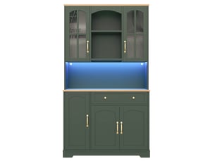 Buffet de cuisine haut - vaisselier avec led multicolores, 5 portes, tiroir et étagères réglables, vert, 100x38x178 cm