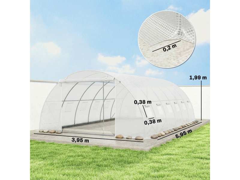  Serre tunnel avec 2 barres de support, 2 portes enroulables et fenêtres en filet, bâche en pe anti-uv, blanche  - Conforama E