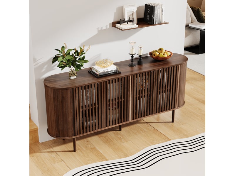  Buffet bas 4 portes coulissantes perforées, étagères réglables, mdf noyer pour salle à manger 160 × 40 × 70 cm  - Conforama D