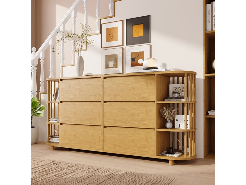 Buffet avec 6 tiroirs et étagères latérales en bambou, placage de chêne, pieds réglables, 160 × 40 × 75 cm - Conforama C