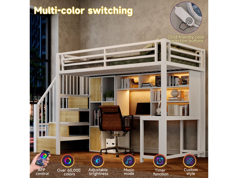  Lit mezzanine 90x200 cm métallique blanc, échelle-casier, étagère de rangement et éclairage led Morn Vibe - Conforama E