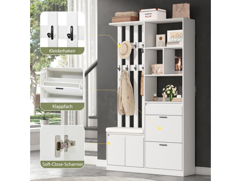  Meuble d'entrée avec vestiaire, meuble à chaussures avec banc rembourré, porte-manteau 10 crochets, rangement 120x30x200 cm - blanc  - Conforama R