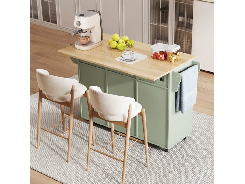  Desserte de cuisine 139x46-71x91,5 cm vert antique en mdf, plateau rabattable, roulettes et rangement  - Conforama B