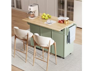 Desserte de cuisine 139x46-71x91,5 cm vert antique en mdf, plateau rabattable, roulettes et rangement