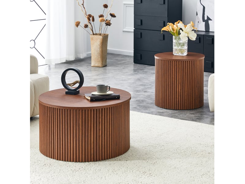 Elvmi lot de 2 tables basses gigognes rondes en panneau fibre moyenne densité finition bois foncé noyer avec coffre de rangement intégré base cannelée style colonne romaine bords arrondis pour salon chambre bureau - Conforama D