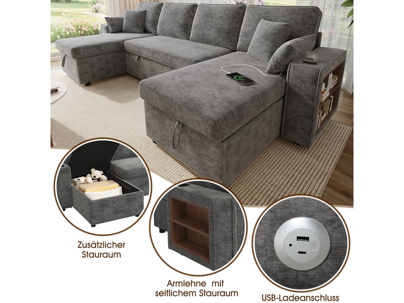  Canapé d’angle modulable convertible en chenille avec rangement gris chicfurn  - Conforama E