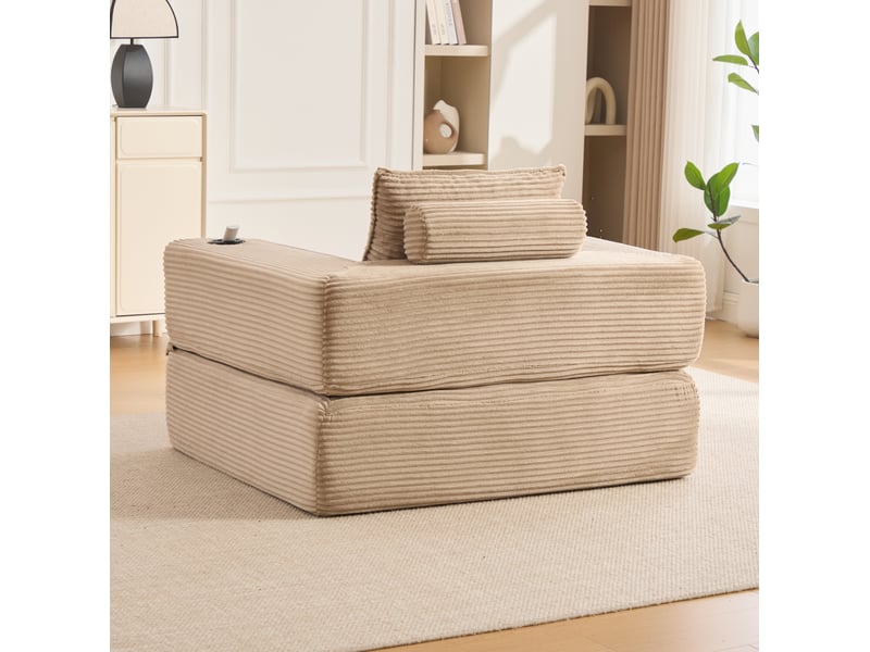  Canapé droit convertible 1 place en velours côtelé beige, avec poche latérale, porte-gobelet et accoudoirs zippés  - Conforama E