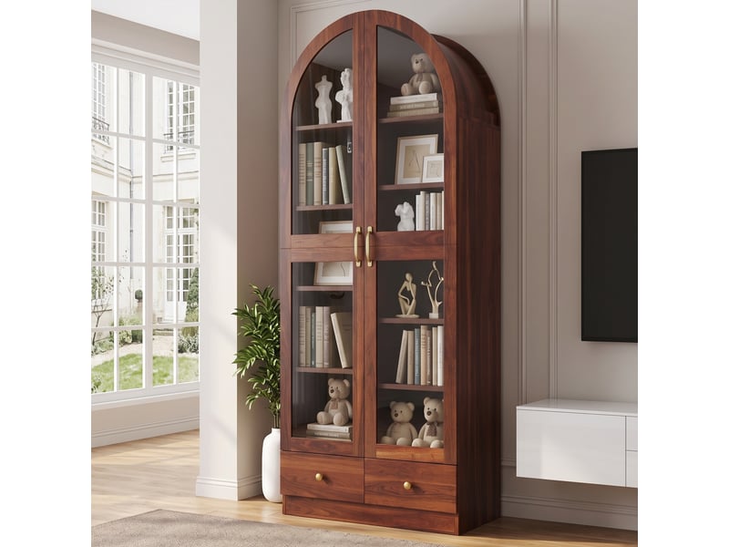 Vitrine avec portes vitrées, étagères à niveaux et 2 tiroirs, finition noyer, pour salon et bureau, 76 × 40 × 180 cm - Conforama E