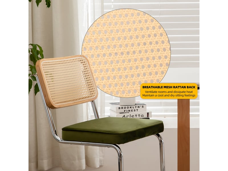  Chaise de salle à manger cantilever empilable avec dossier en rotin et assise en velours, en chrome, vert  - Conforama E