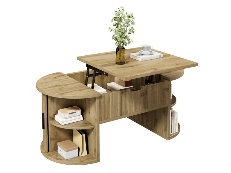 Table basse moderne à hauteur réglable, idéale pour le salon, avec étagères ouvertes et rangements dissimulés, portes coulissantes, parfaite pour les petits appartements et les bureaux à domicile. - Conforama A