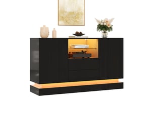 Buffet avec led pilotée par appli, 2 portes, 2 tiroirs, niche ouverte avec étagère en verre, façades brillantes, panneaux de particules,noir