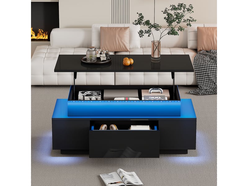 Table basse plateau relevable avec rangement caché et tiroir, table basse led noire, 96x45x40 cm, panneau de particules, noir - Conforama B