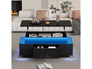 Table basse plateau relevable avec rangement caché et tiroir, table basse led noire, 96x45x40 cm, panneau de particules, noir