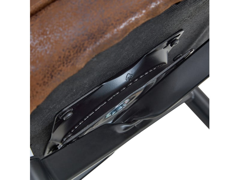  Tabouret de bar pivotant 360° avec dossier ajouré et assise ergonomique, en tissu brun et métal noir  - Conforama E