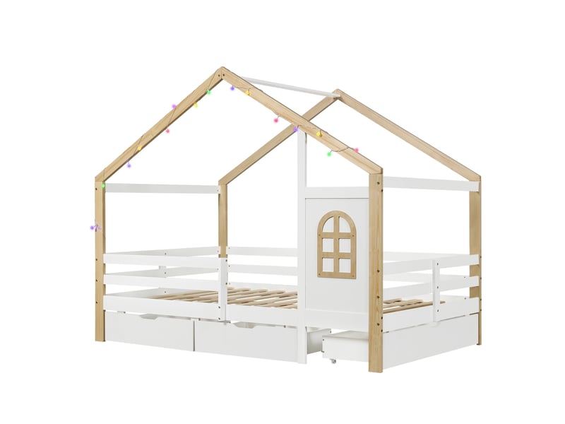  Lit cabane enfant 120 x 200 cm avec fenêtre, barrière de sécurité, 3 grands tiroirs et guirlande lumineuse, en bois blanc et naturel  - Conforama D