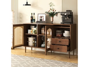 Buffet style campagne avec portes en rotin - meuble de rangement 130 cm, étagères réglables, structure bois