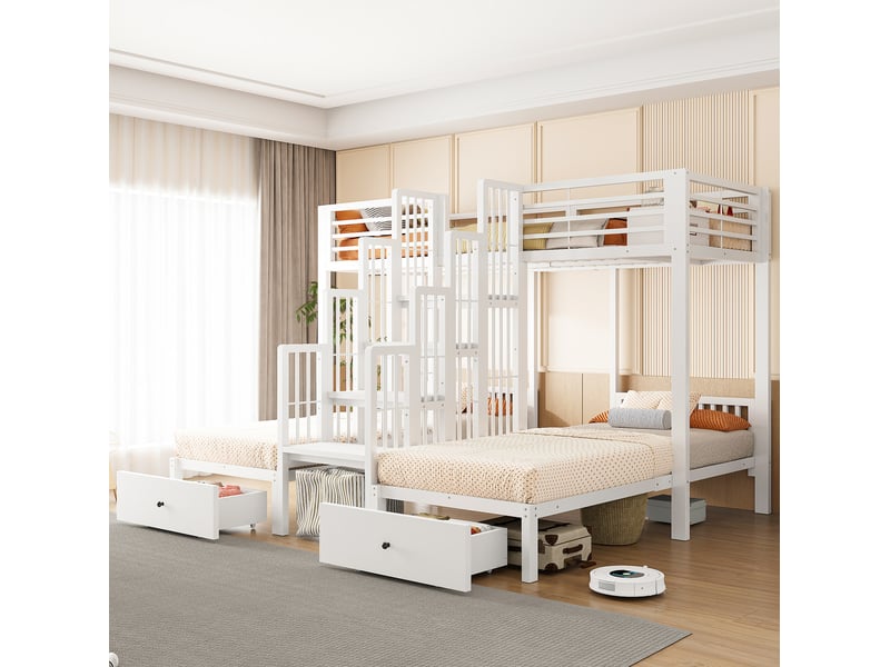  Lit superposé 3 couchages 90x200 cm blanc avec escalier central et 2 tiroirs  - Conforama B