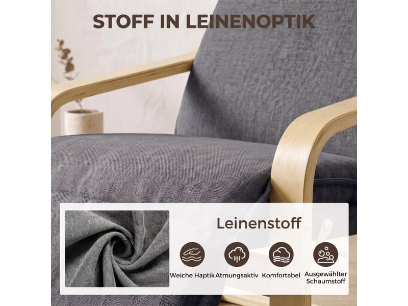 Fauteuil à bascule avec repose-pieds, mouvement apaisant et accoudoirs en bois, polyester gris foncé - Conforama E