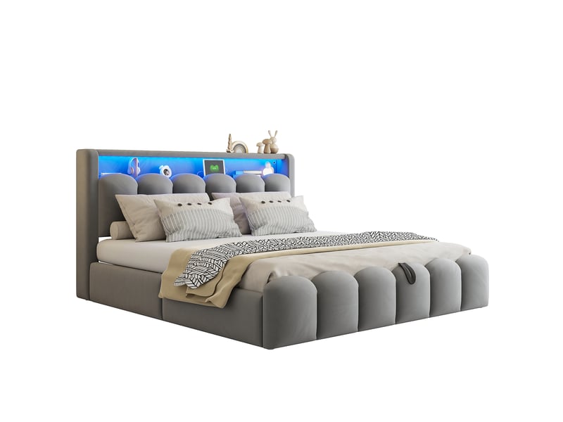  Lit double 180x200 cm avec coffre hydraulique et rangement en tête, led multicolore par qr code, usb et type-c, tête fleurie, velours, gris  - Conforama A
