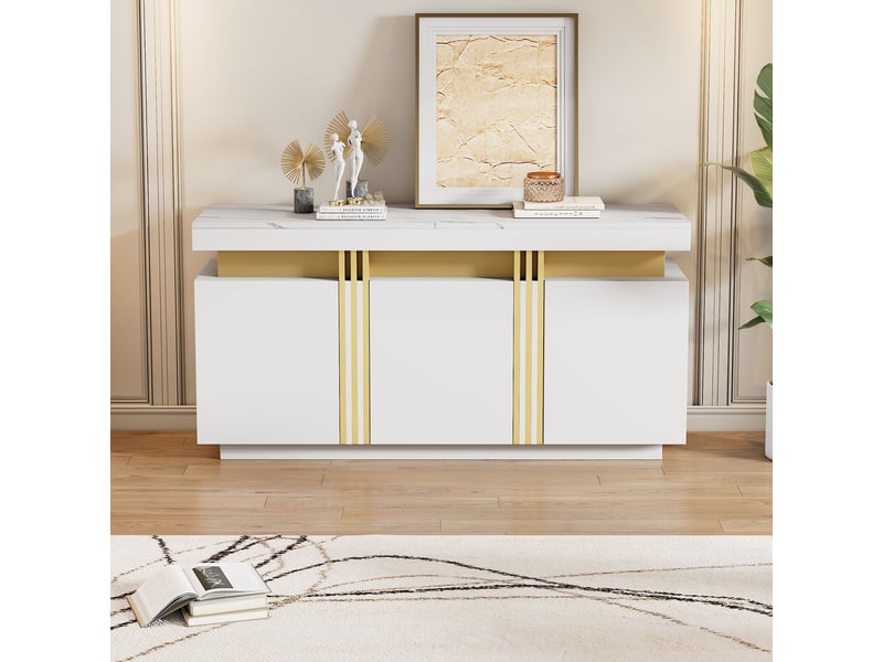 Buffet blanc 140x38x70 cm, meuble rangement cuisine 3 portes, capacité charge max 45 kg, idéal salon entrée bureau - Conforama W