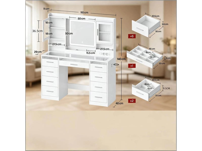  Coiffeuse moderne avec plateau en verre trempé, bureau maquillage avec rangements ouverts, meuble élégant multifonctionnel  - Conforama C
