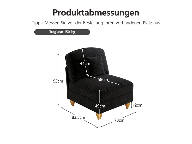  Fauteuil avec pouf avec housse à volants amovible, coussin mobile et assise profonde, en chenille noir  - Conforama D