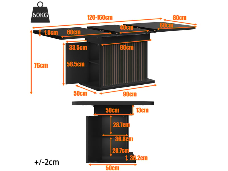  Table à manger extensible 120-160 cm noir mat avec rangement intégré  - Conforama C