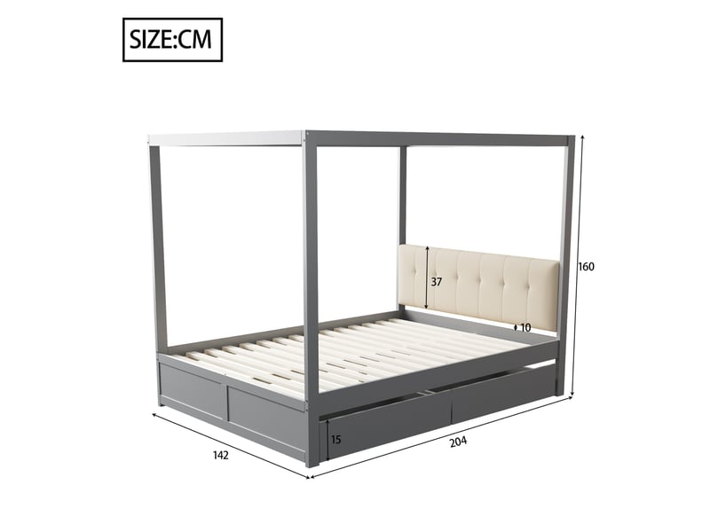 Lit baldaquin tcqpz 140 x 200 cm avec 2 tiroirs, tête de lit rembourrée, structure en bois, gris - Conforama C