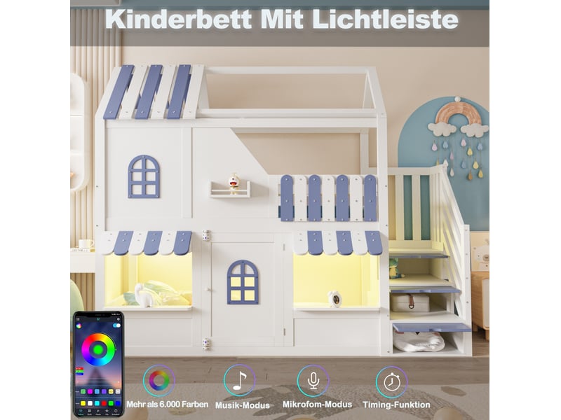  Lit surélevé 90x200 cm maison avec led, rangements, bois blanc et bleu sans matelas  - Conforama D