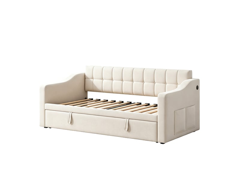  Lit banquette gigogne,90x190 cm,avec ports usb,velours,beige  - Conforama D