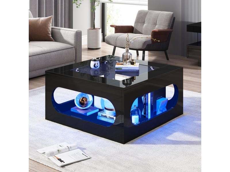  Table basse carrée 70x70x35 cm, table de salon led avec plateau en verre trempé, design creux, noir  - Conforama D