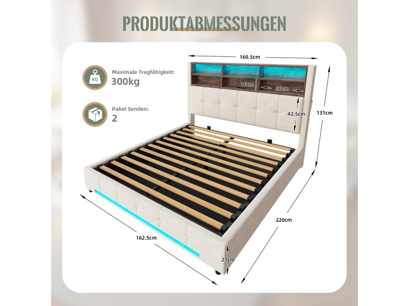  Lit coffre double 160×200 cm avec 6 étagères, usb-c et led réglable - okmyhome- velours beige, sans matelas  - Conforama D