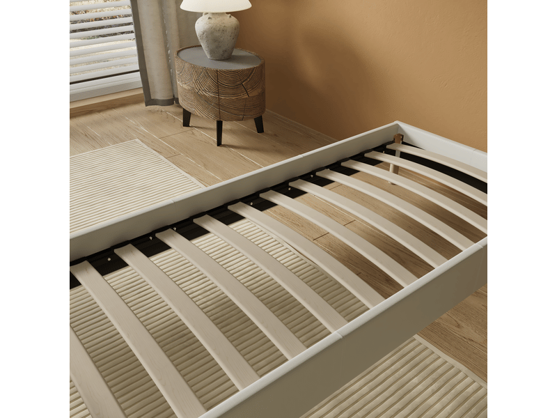 Lit 80x200 cm avec sommier, tissu blanc crème, lattes et pieds en bois Alya blanc crème - Conforama E